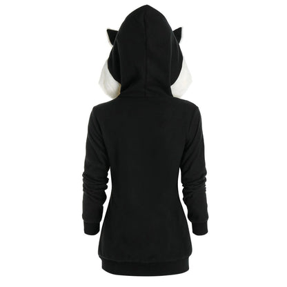 Casual Cat Pattern Plush Zipper Sweater Hoodie