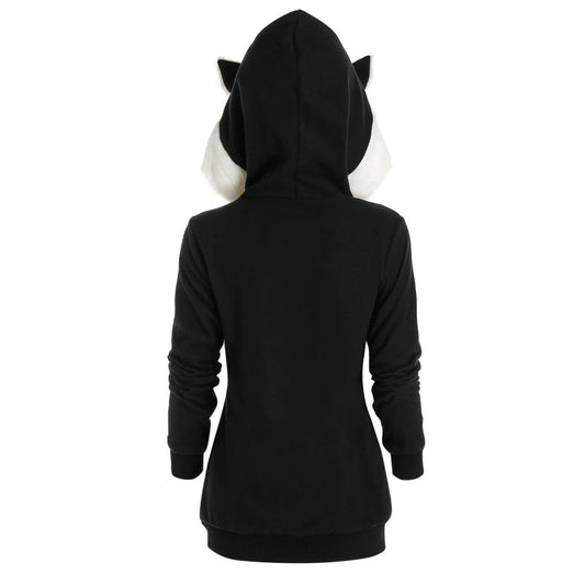 Casual Cat Pattern Plush Zipper Sweater Hoodie